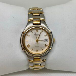 Fossil steel Arkitekt women date watch gold silver tone 26mm round 5.7” running